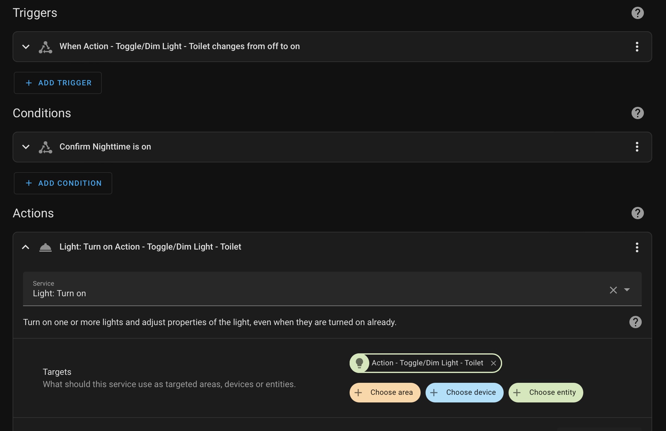 Configuration for automation: Trigger = when light state changes from Off to On, Condition = Nighttime schedule is On, Action: Call service Light.Turn_On and pass 35% s brightness.
